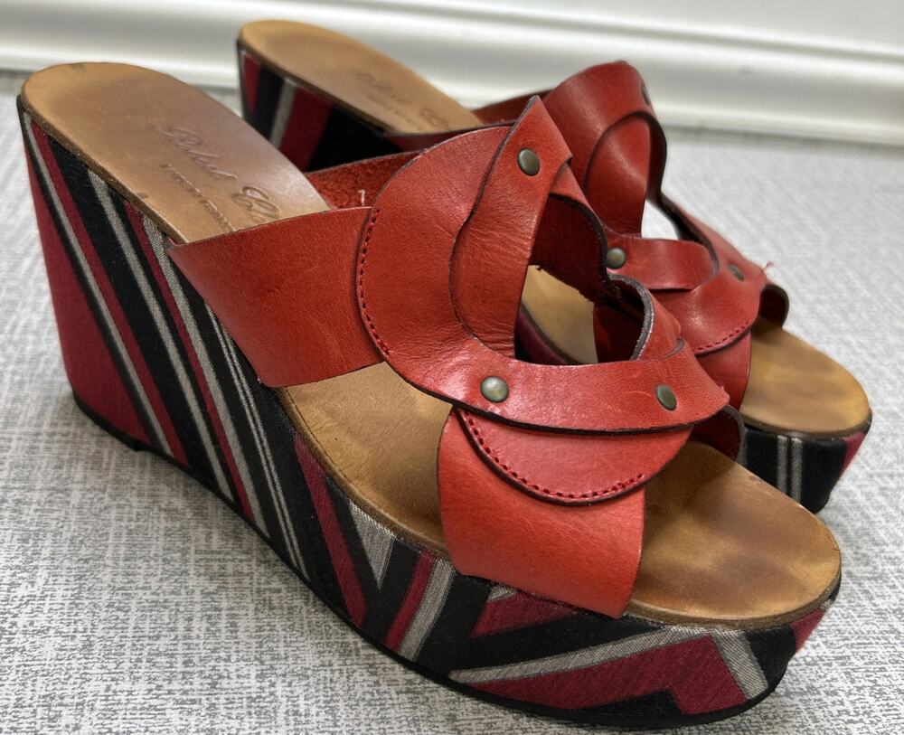 Robert Clergerie France Red Leather Sandals 7 Platform Wedge Slide Designer